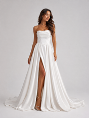 Elegant Strapless Corset Satin A-Line Wedding Dress with High Slit and Chapel Train