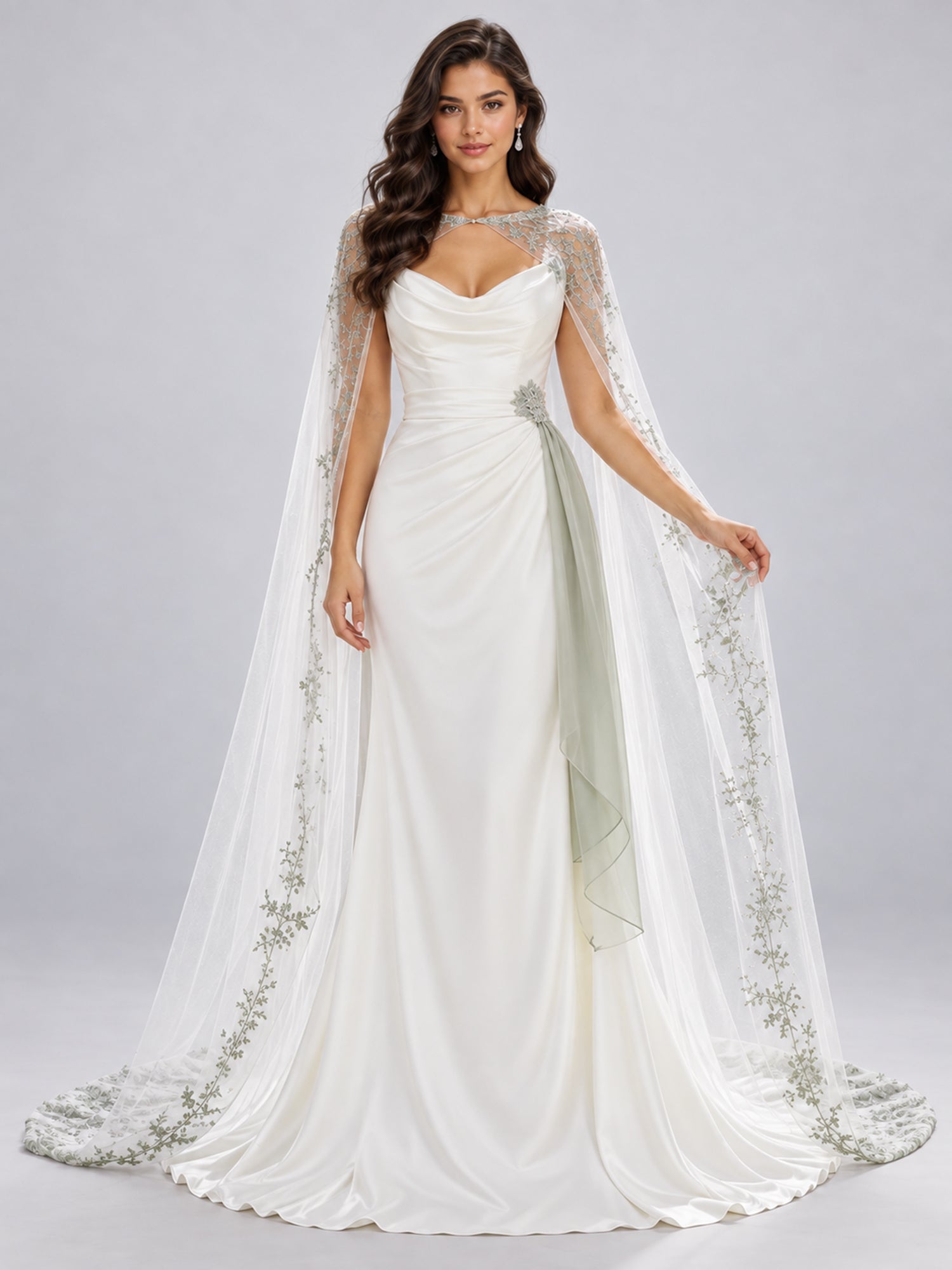 White Cowl-Neck Mermaid Wedding Dress with Matching Capelet