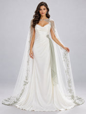 White Cowl-Neck Mermaid Wedding Dress with Matching Capelet
