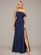 Dark Navy Trumpet/Mermaid One Shoulder Floor-Length Stretch Crepe Bridesmaid Dress With Ruffle