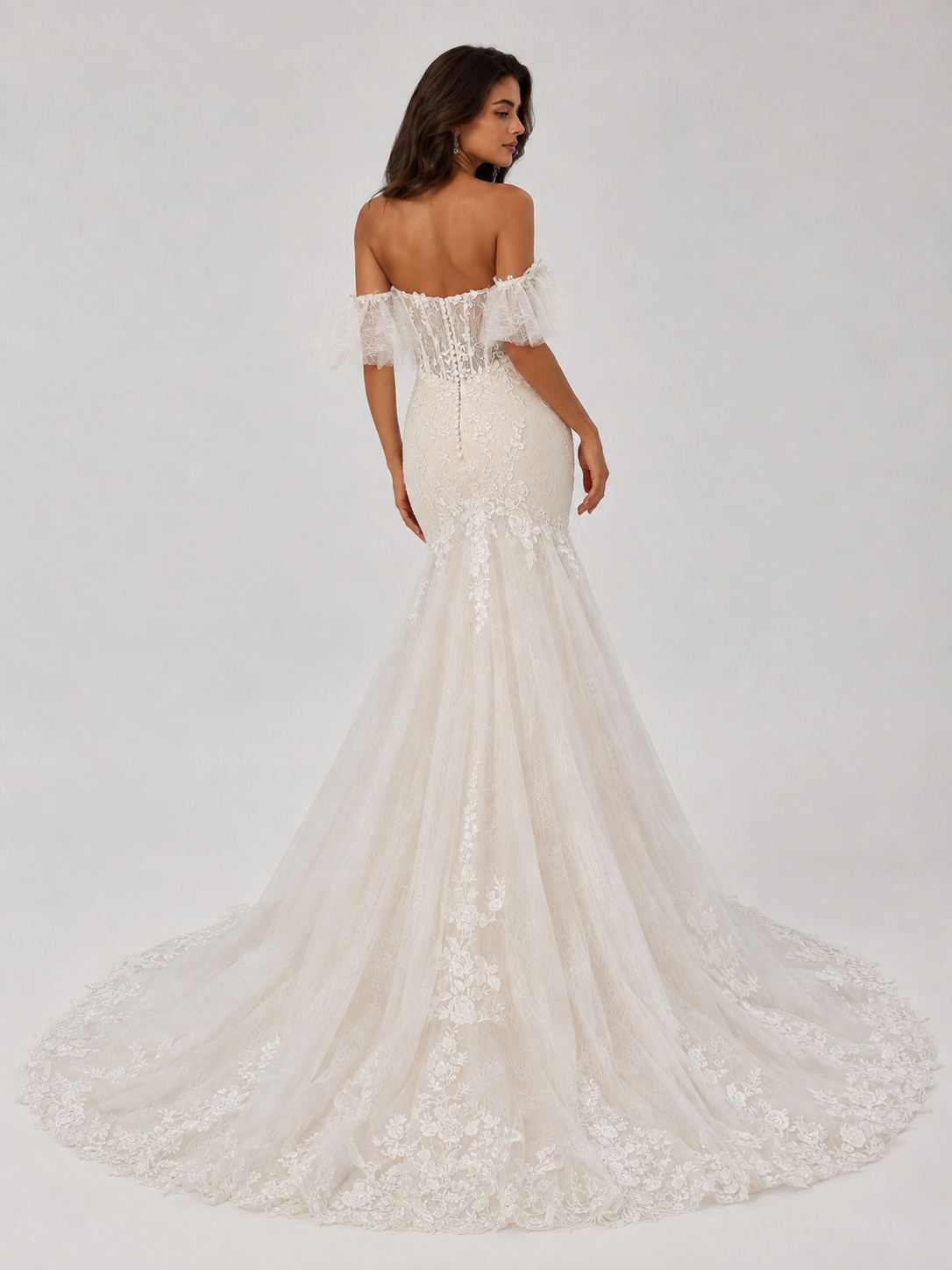 Elegant Off-the-Shoulder Corset Lace Mermaid Wedding Dress with Ruffled Sleeves and Chapel Train