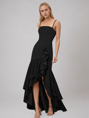 Black Sheath/Column Stretch Crepe Off The Shoulder Sleeveless Floor Length Dress With Ruffles