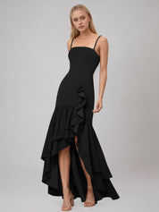 Black Sheath/Column Stretch Crepe Off The Shoulder Sleeveless Floor Length Dress With Ruffles