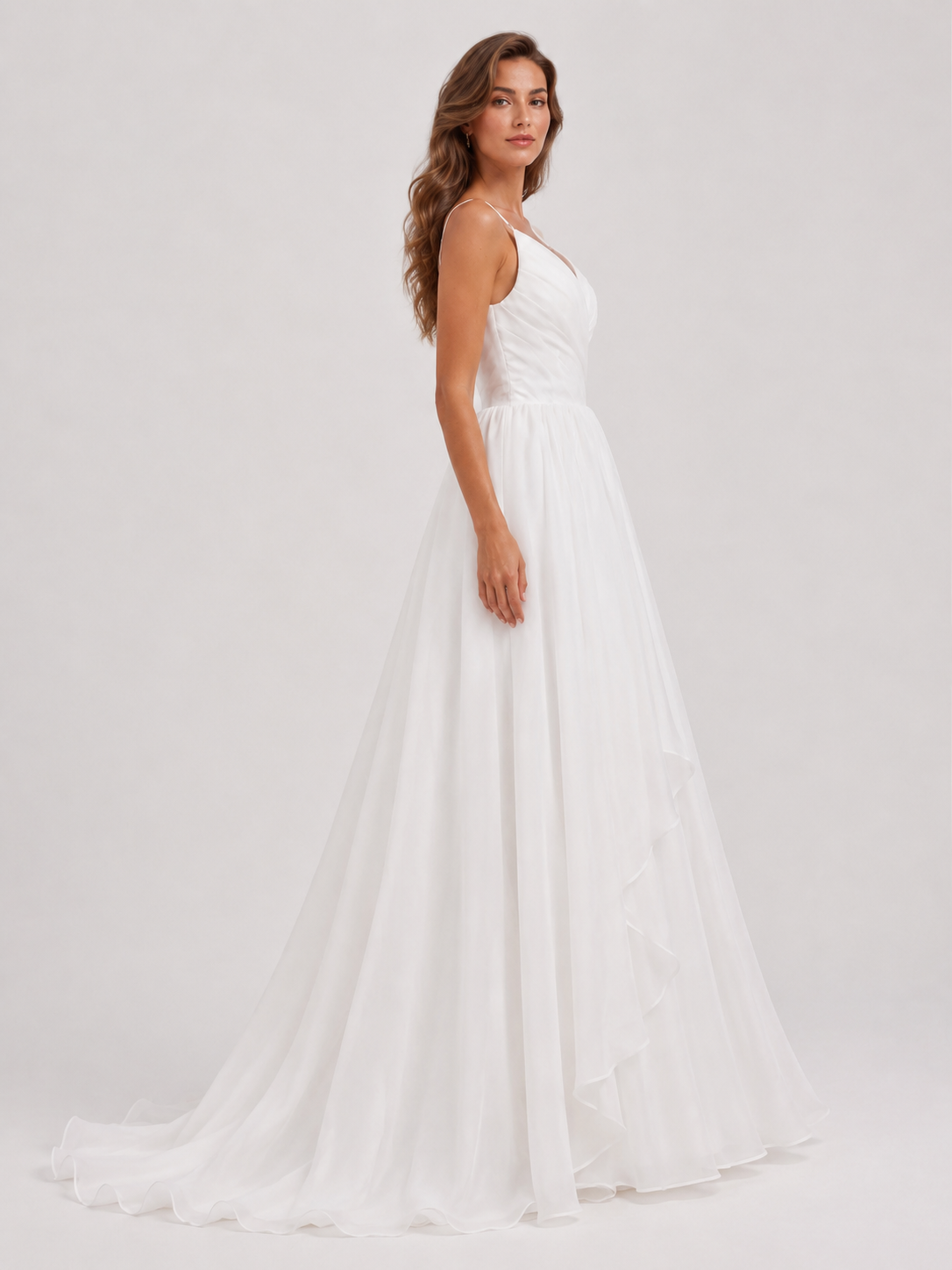 Elegant V-Neck Ruched Chiffon A-Line Wedding Dress with Chapel Train