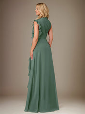 Eucalyptus A Line Chiffon High Neck Sleeveless Floor Length Dress With Cascading Ruffles