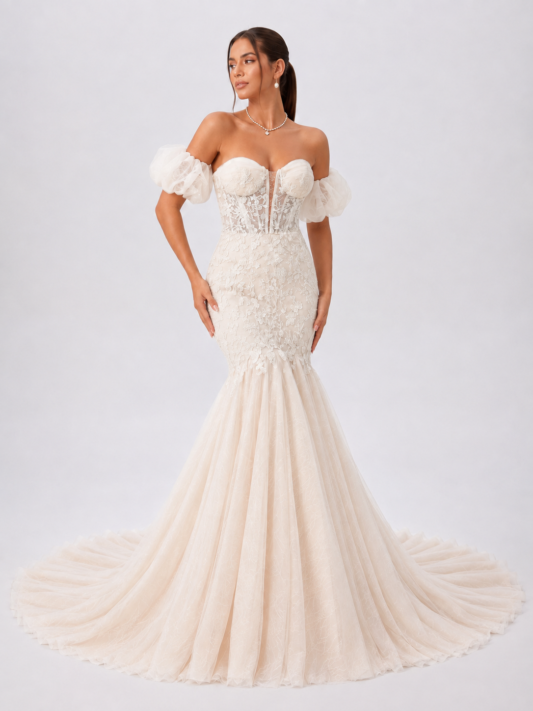 Elegant Off-the-Shoulder Detachable Puff Sleeve Lace Mermaid Wedding Dress with Chapel Train