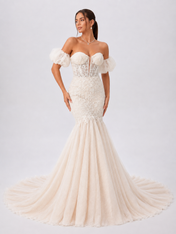 Elegant Off-the-Shoulder Detachable Puff Sleeve Lace Mermaid Wedding Dress with Chapel Train