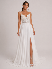 Elegant Sweetheart Lace Bodice Chiffon A-Line Wedding Dress with High Slit and Chapel Train