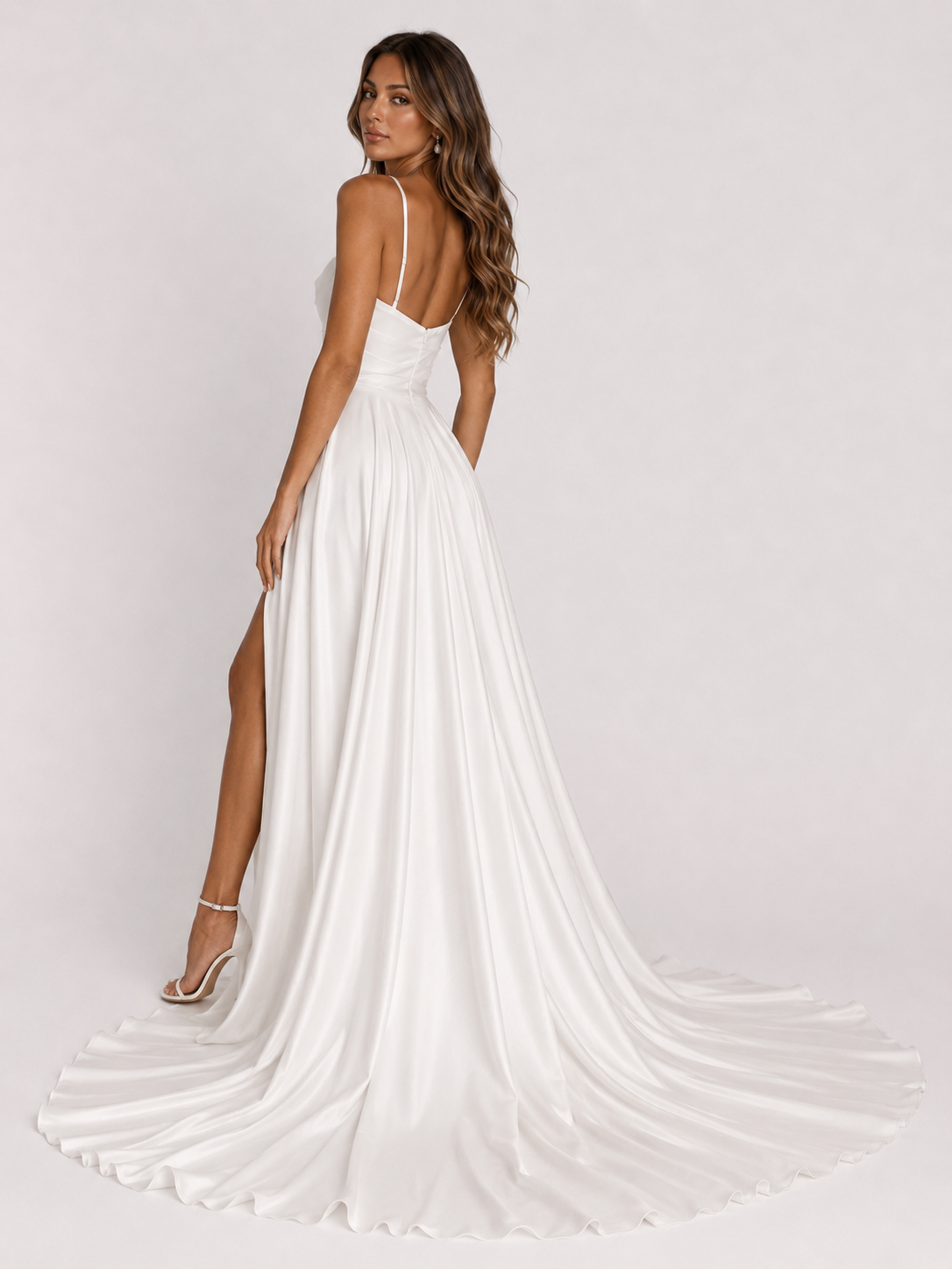 Elegant Spaghetti Strap Ruched Satin A-Line Wedding Dress with High Slit and Chapel Train