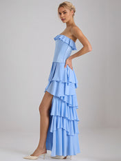 Sky Blue Chiffon A Line Off The Shoulder Sleeveless Floor Length Bridesmaid Dresses With Ruffles