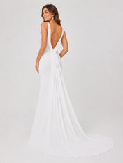Elegant V-Neck Satin Sheath Wedding Dress with Dramatic Draped Back Chapel Train