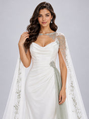 White Cowl-Neck Mermaid Wedding Dress with Matching Capelet