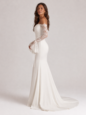 Elegant Off-the-Shoulder Draped Satin Mermaid Wedding Dress with Lace Bell Sleeves and Chapel Train