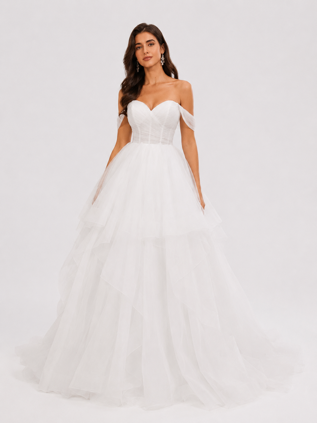Elegant Off-the-Shoulder Tiered Tulle A-Line Wedding Dress with Chapel Train