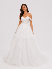 Elegant Off-the-Shoulder Tiered Tulle A-Line Wedding Dress with Chapel Train