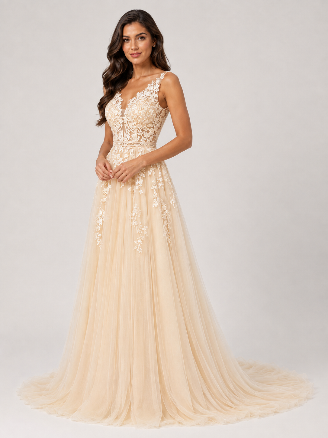 Elegant Floral Applique Tulle A-Line Wedding Dress with Sweep Train