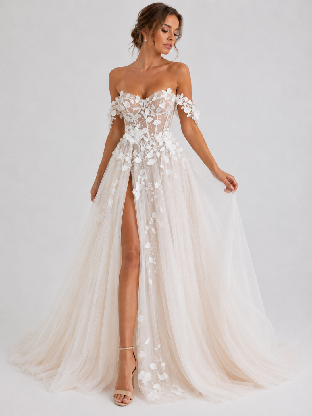 Elegant Off-the-Shoulder 3D Floral Applique Tulle A-Line Wedding Dress with High Slit and Chapel Train