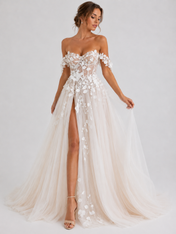 Elegant Off-the-Shoulder 3D Floral Applique Tulle A-Line Wedding Dress with High Slit and Chapel Train
