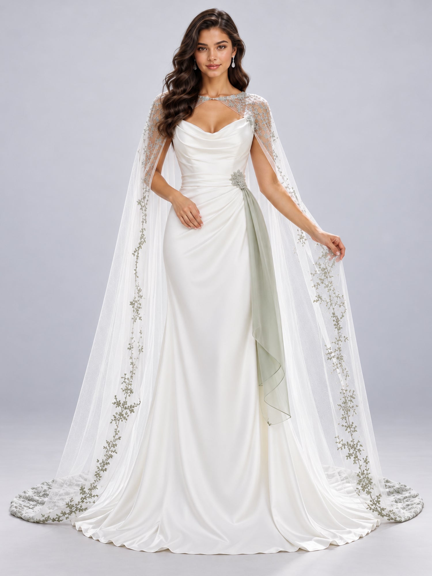 White Cowl-Neck Mermaid Wedding Dress with Matching Capelet
