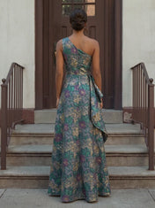 One-Shoulder Floral Brocade Cascading Ruffle Evening Dress