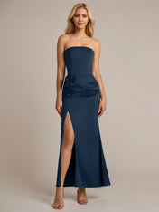 Navy Sheath/Column Satin Off The Shoulder Sleeveless Ankle Length Dresses