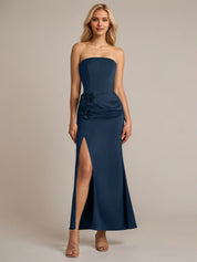 Navy Sheath/Column Satin Off The Shoulder Sleeveless Ankle Length Dresses