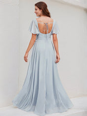 Ice Blue Chiffon A Line Square Neck Short Sleeves Asymmetrical Bridesmaid Dress