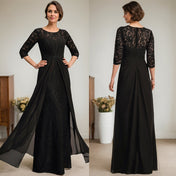 A-Line Scoop Illusion Floor-Length Lace Chiffon Mother Of the Bride Dress With Beading Ruffles