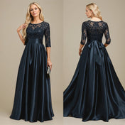 A-line Scoop Illusion Floor-Length Stretch Satin Lace Mother of the Bride Dress With Bow Sequins