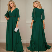 A-line V-Neck Floor-Length Chiffon Mother of the Bride Dress With Sequins Appliques Lace Beading
