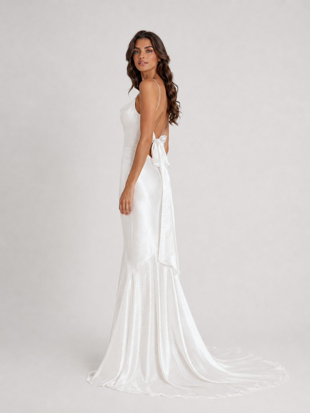 Elegant Spaghetti Strap Cowl Neck Satin Sheath Wedding Dress with Bow Back and Sweep Train