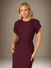 Cabernet Trumpet/Mermaid Stretch Crepe Scoop Neck Flutter Sleeve Floor Length Dress