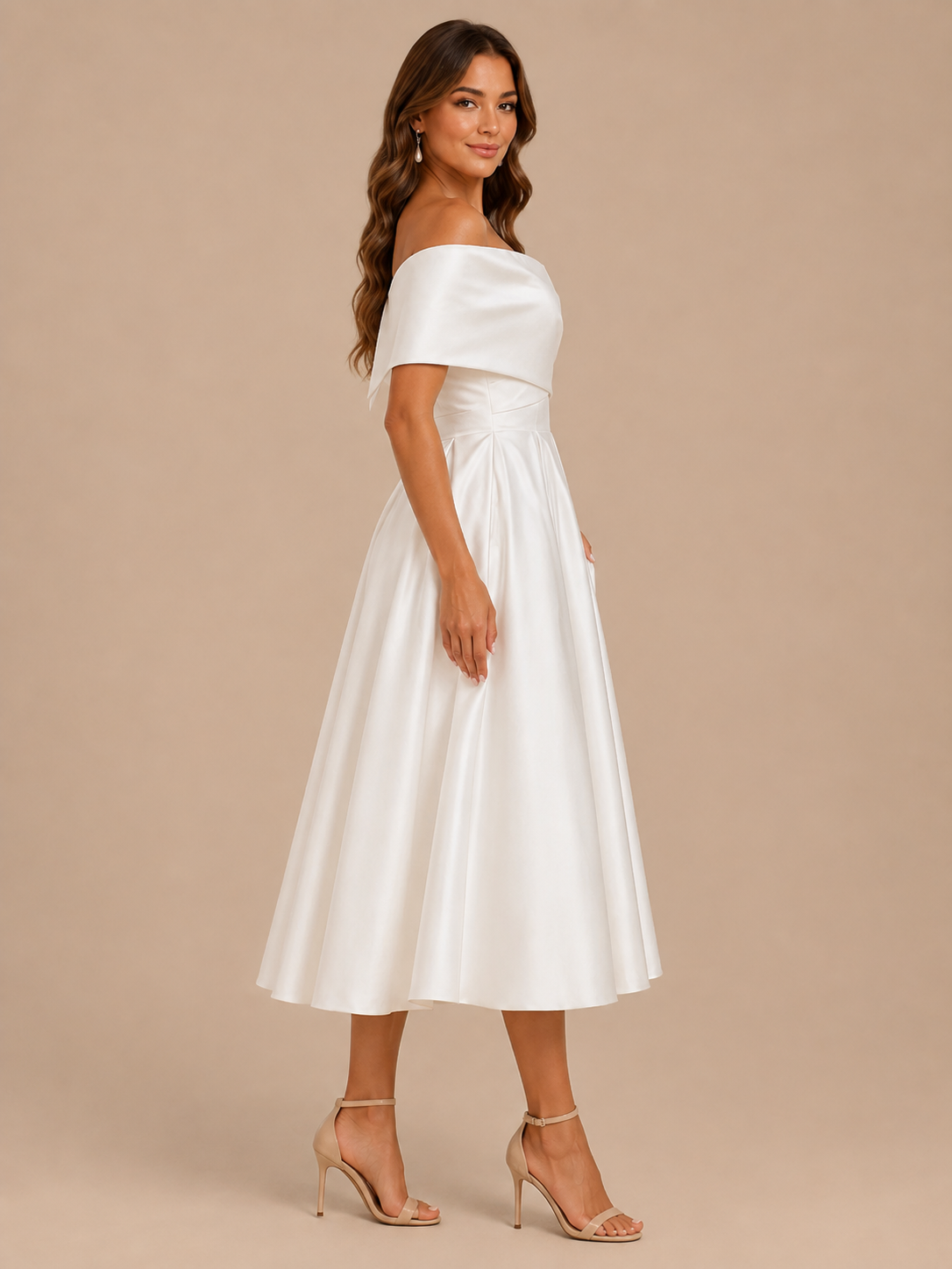 Elegant Off-the-Shoulder Crossover Pleated Satin A-Line Midi Wedding Dress with Lace-Up Back