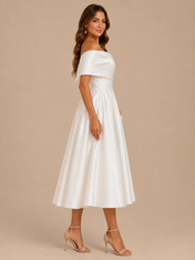 Elegant Off-the-Shoulder Crossover Pleated Satin A-Line Midi Wedding Dress with Lace-Up Back