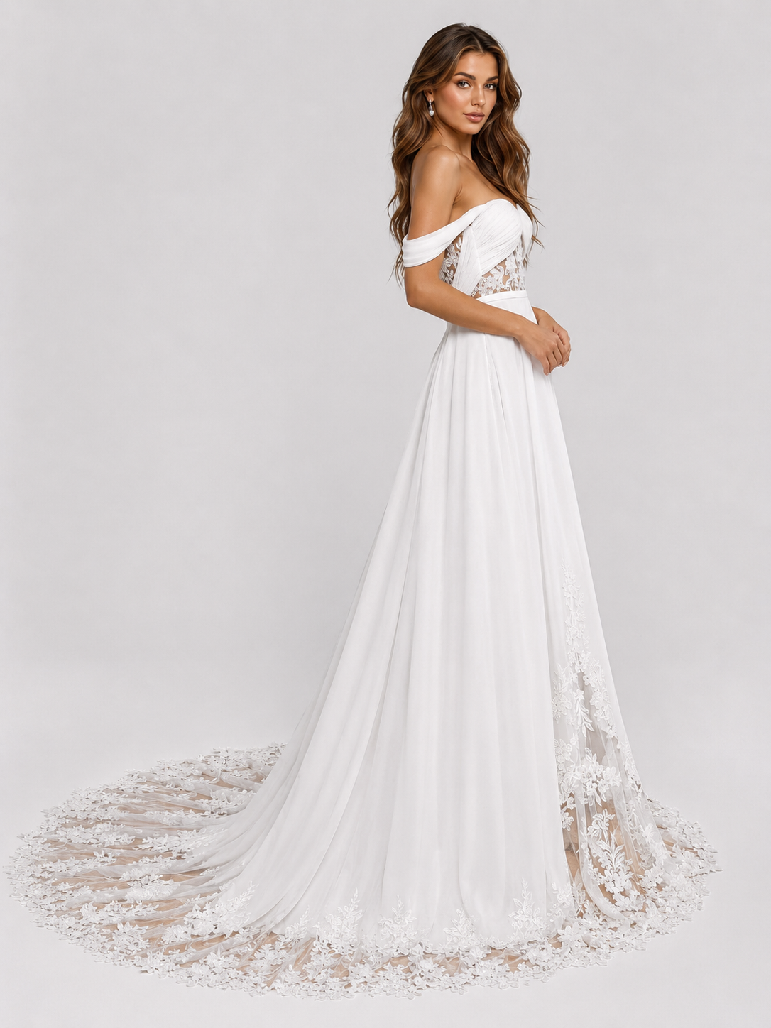 Elegant Off-the-Shoulder Lace Applique Chiffon A-Line Wedding Dress with Chapel Train