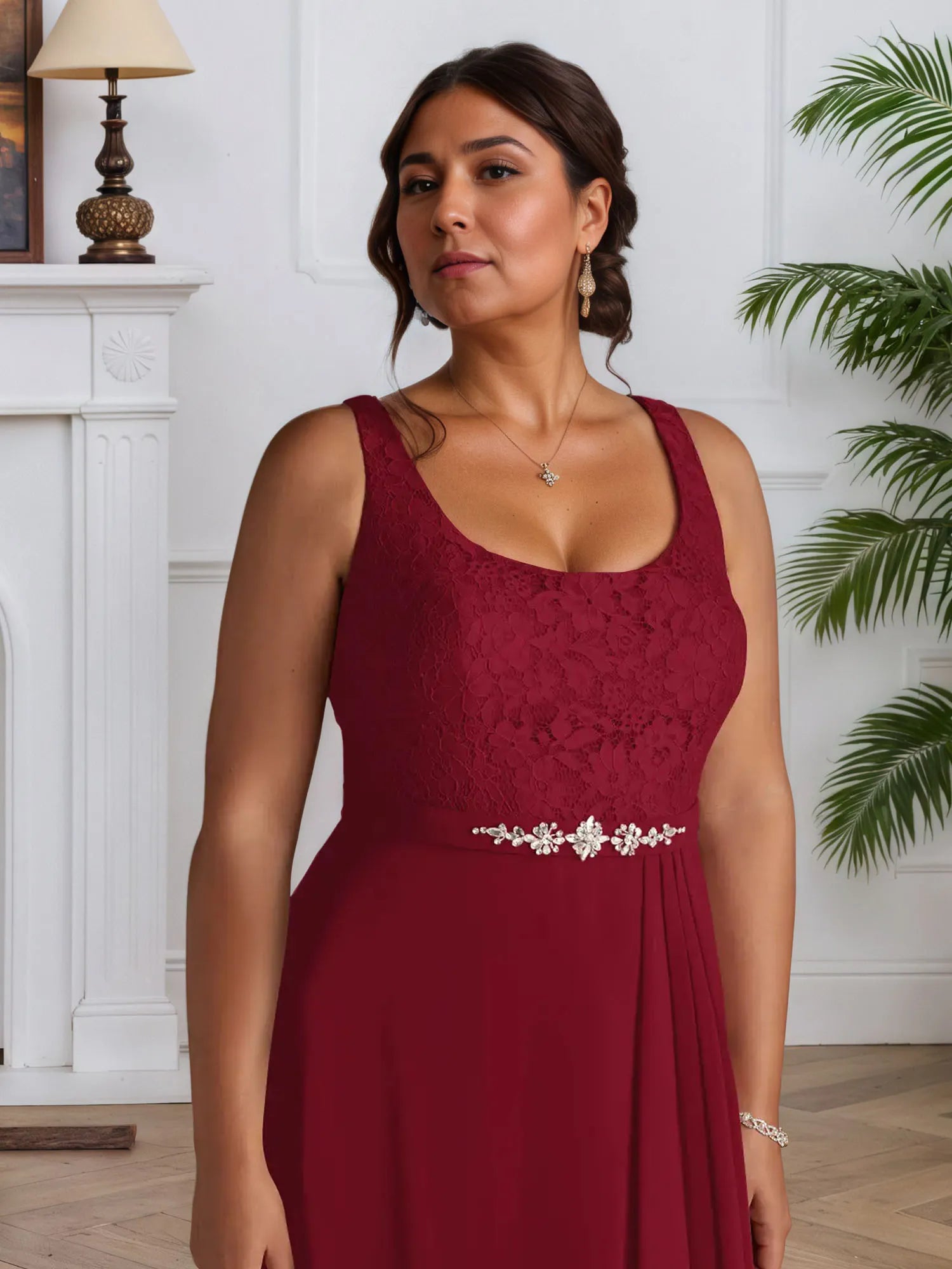 A-Line Square Neckline Lace Chiffon Mother of the Bride Dress