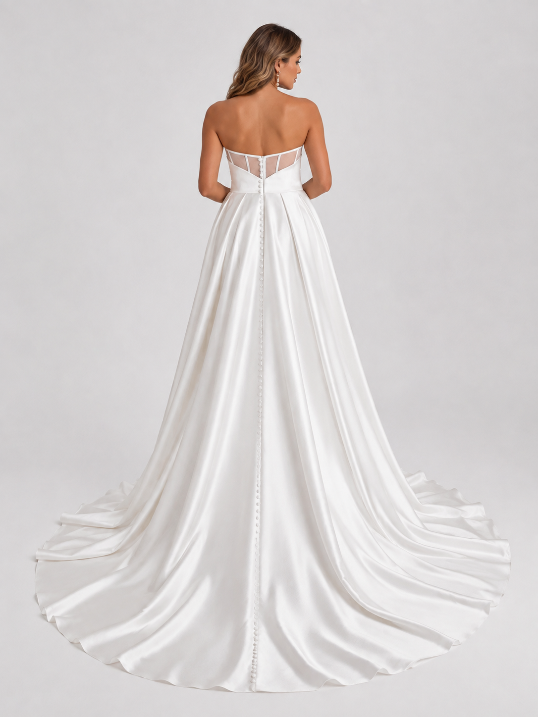 Elegant Strapless Ruched Satin A-Line Wedding Dress with High Slit and Chapel Train