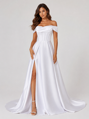 Elegant Off-the-Shoulder Draped Satin A-Line Wedding Dress with High Slit and Chapel Train