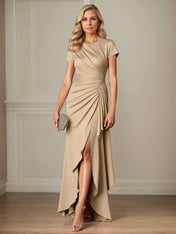Ruched Satin Sheath/Column Satin Mother of the Bride Dress with Slit