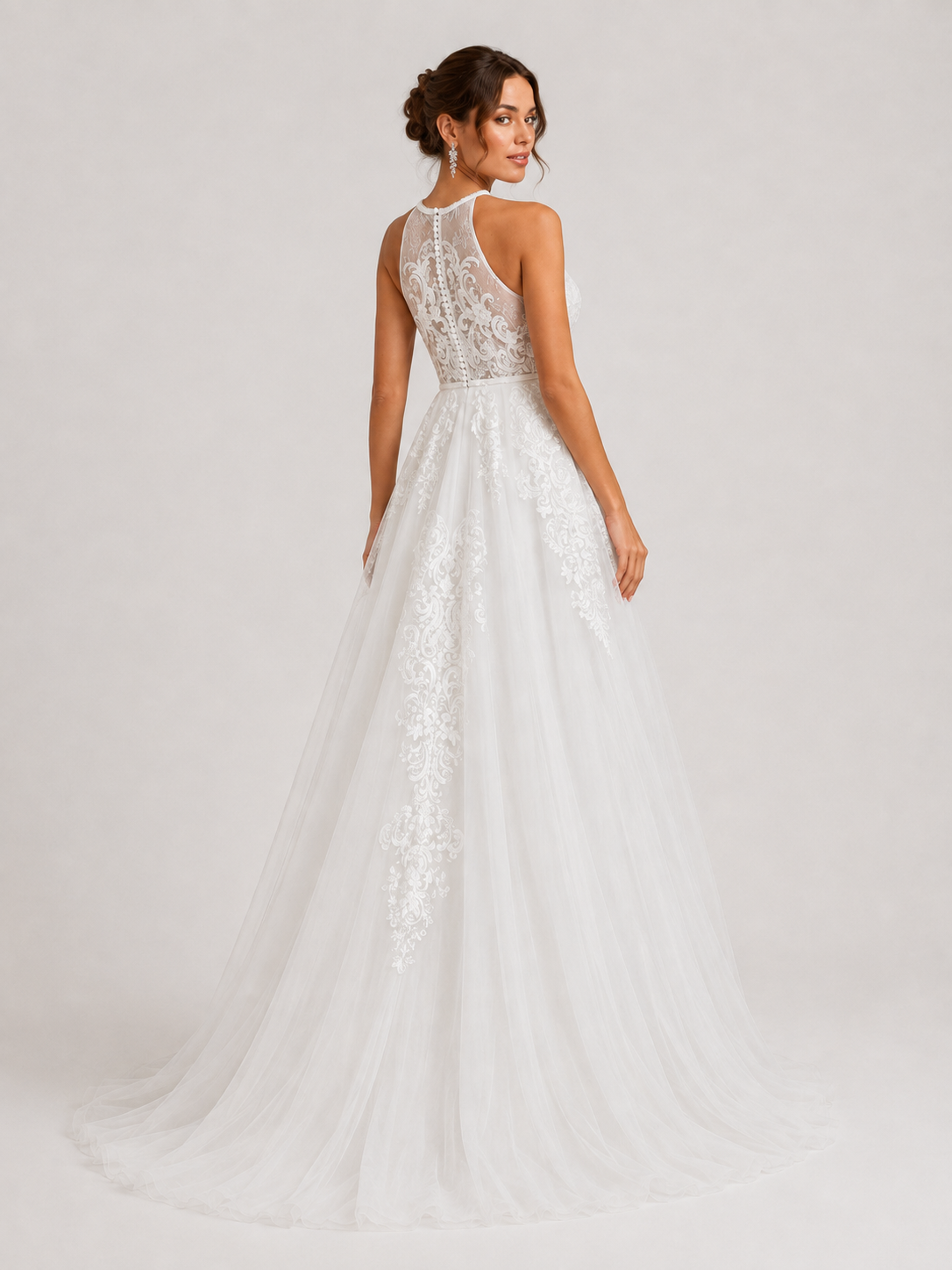 Elegant Halter Lace Appliquéd Tulle A-Line Wedding Dress with Chapel Train