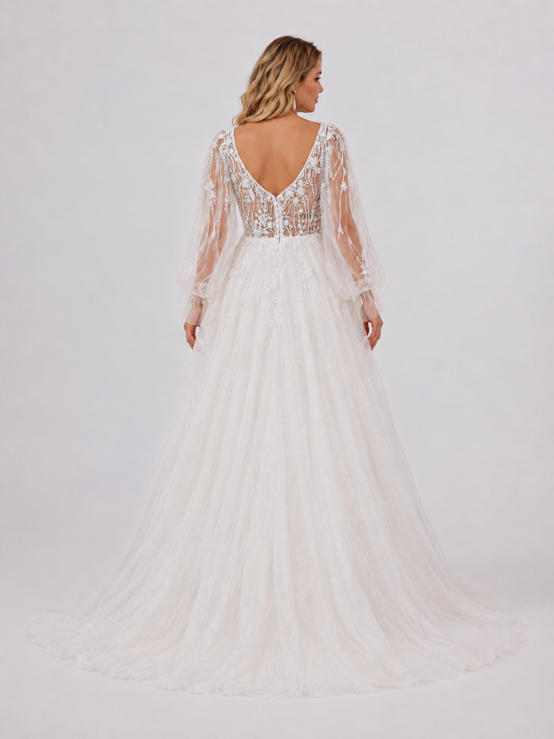 Elegant Long Sleeve Deep V-Neck Lace Tulle A-Line Wedding Dress with Chapel Train