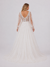 Elegant Long Sleeve Deep V-Neck Lace Tulle A-Line Wedding Dress with Chapel Train