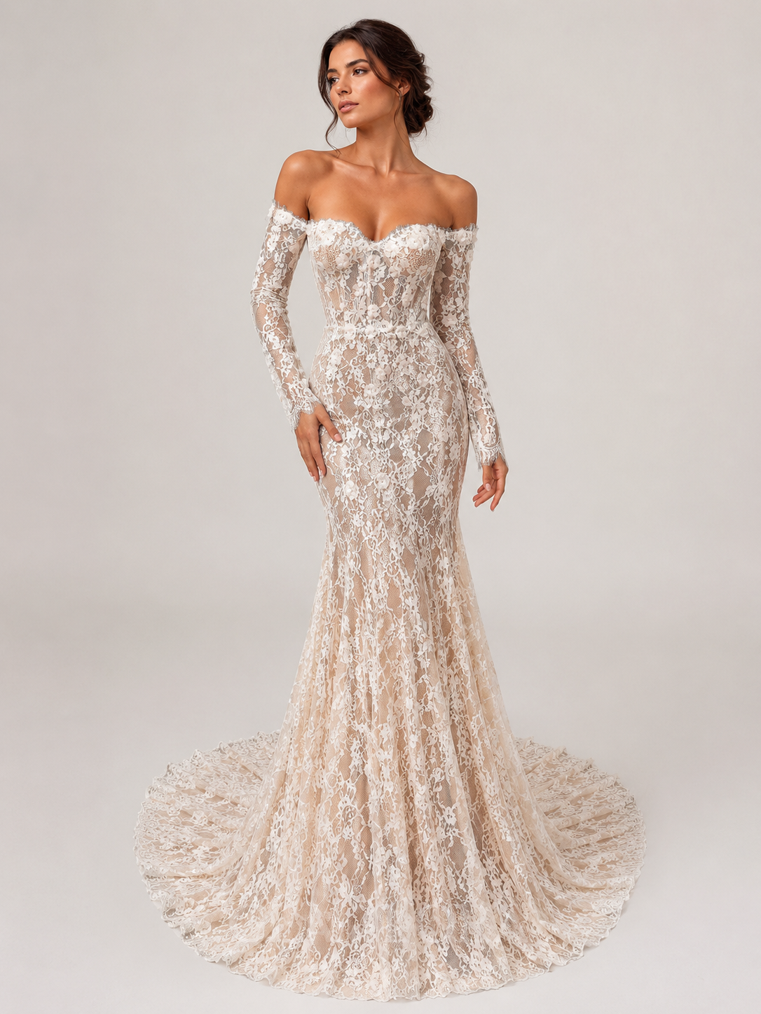 Elegant Off-the-Shoulder Long Sleeve Lace Mermaid Wedding Dress with Sweep Train
