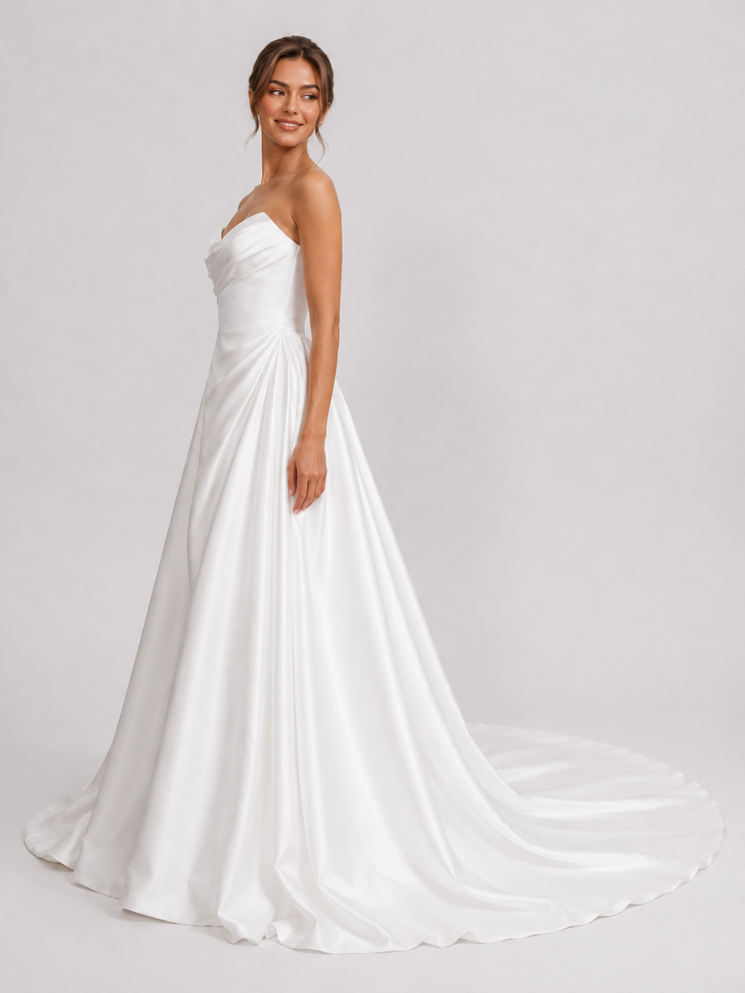 Elegant Strapless Ruched Satin A-Line Wedding Dress with Chapel Train