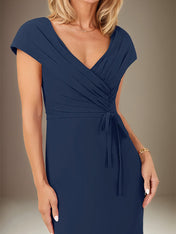 Dark Navy Chiffon V-Neck Short Sleeves Floor Length Dress