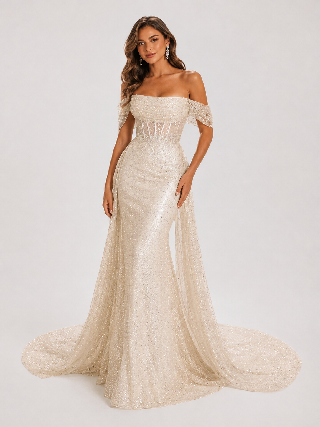 Elegant Off-the-Shoulder Sparkly Sequin Sheath Wedding Dress with Chapel Train
