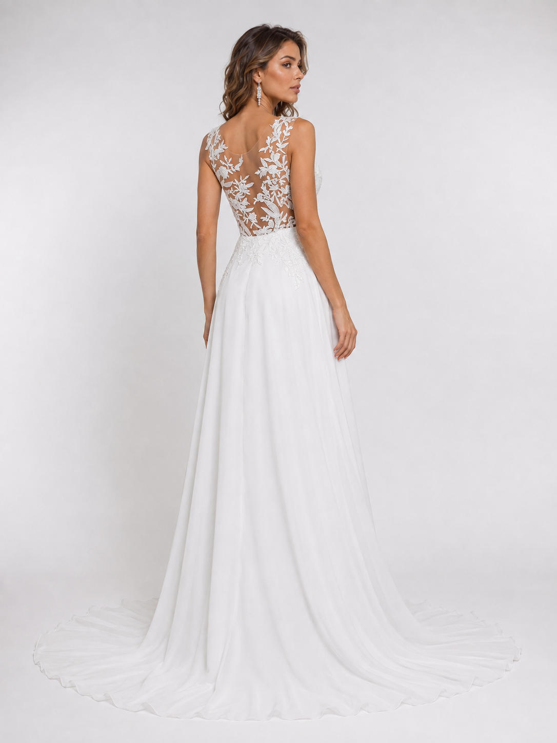 Elegant Illusion Round Neck Lace Applique Chiffon A-Line Wedding Dress with High Slit and Chapel Train