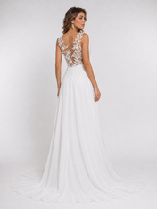 Elegant Illusion Round Neck Lace Applique Chiffon A-Line Wedding Dress with High Slit and Chapel Train