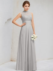 Silver A-Line High Neck Floor-Length Lace Chiffon Bridesmaid Dress With Appliques