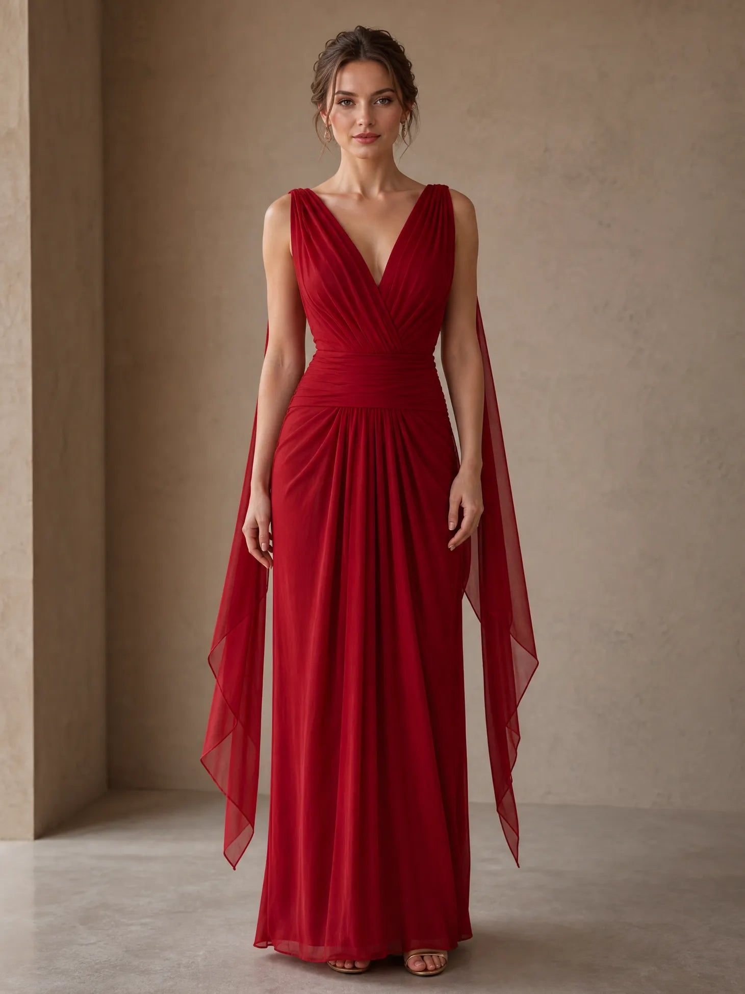 V-Neck Pleated Column Gown with Draped Cape Sleeves Bridesmaid Dress
